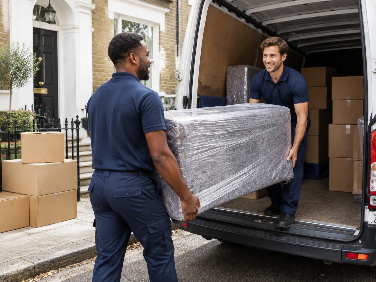 House movers carrying a wrapped box into a removal van outside a home
