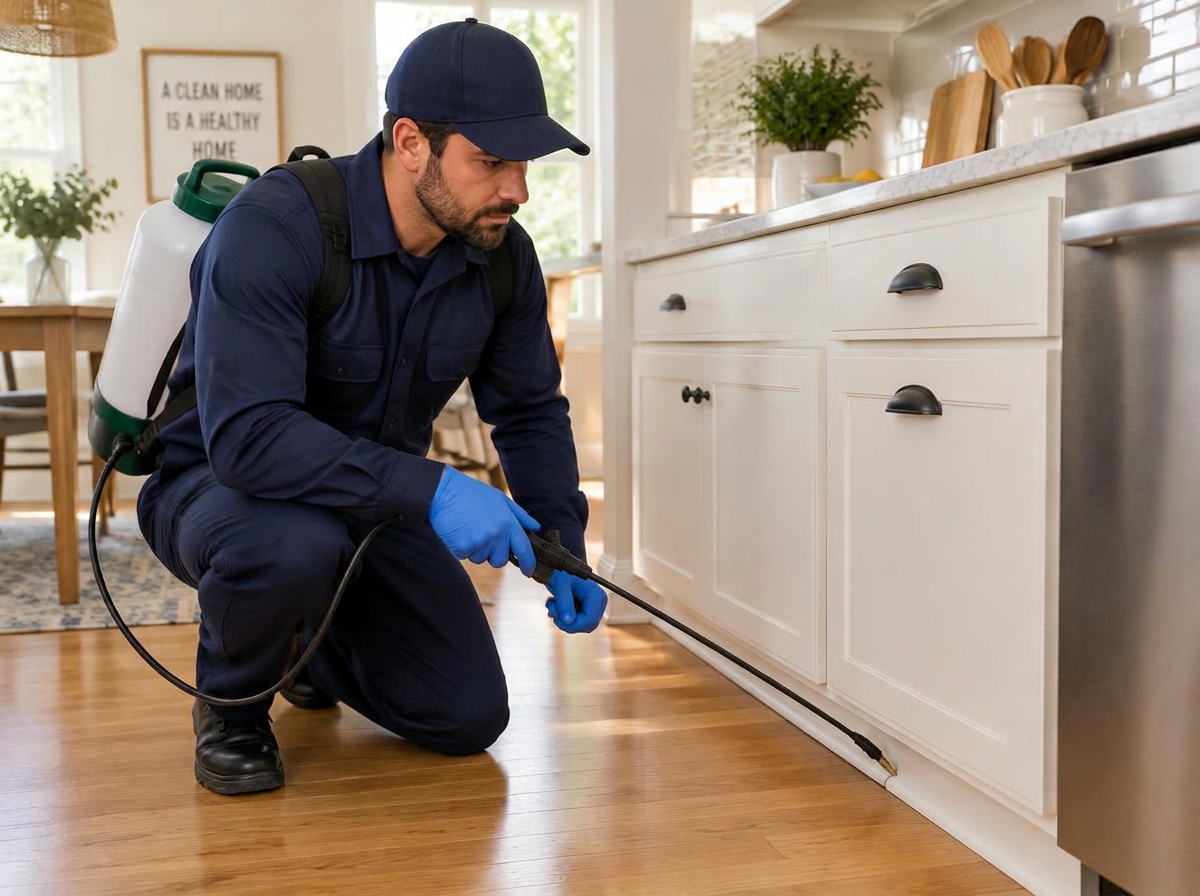 Batai Groups pest control technician treating a kitchen baseboard